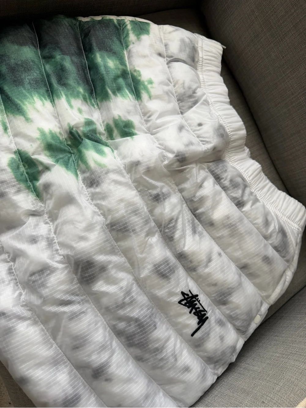 Nike x Stussy White Puffer Mini Skirt with Green Tie-Dye Accent: Size M
